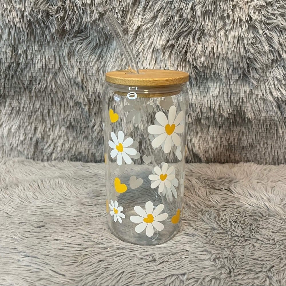 🌼Daisy Glass Tumbler with Straw